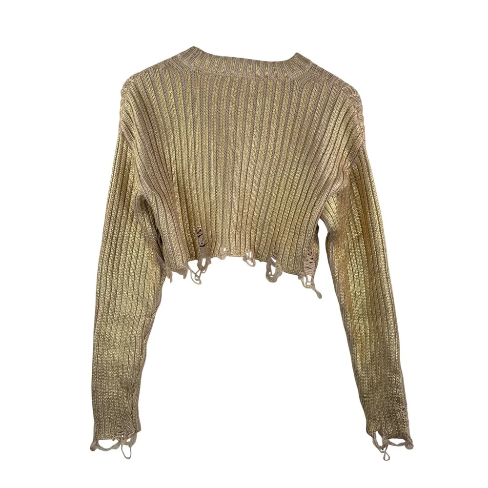Zara Metallic Gold Knit‎ Sweater Distressed Cropped boho Chunky ribbed Y2K sz S